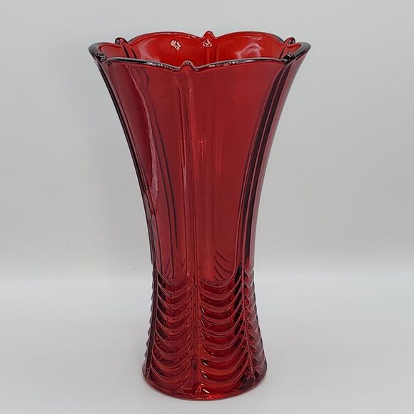 High 9.5in Embossed Flared Glass Vase Art Deco Style Design Red - Picture 8 of 10